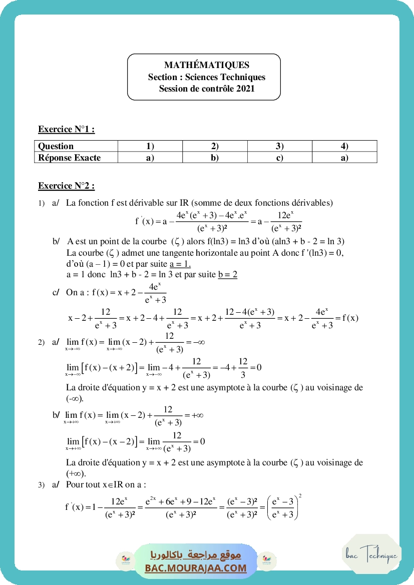 Corrigé controle math Bac 2021 – Section technique